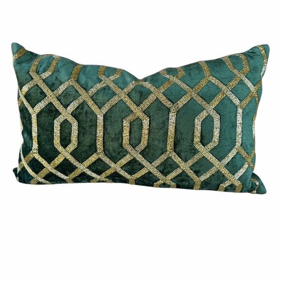 Callisto Home Beaded Calf Hair Decorative Lumbar Pillow Emerald Green Gold GUC